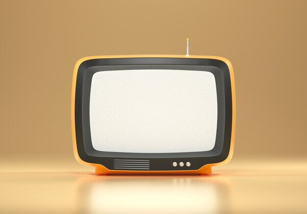 3d orange retro television on yellow background, vintage old tv\
receiver, social media filter photo. 3d render illustration