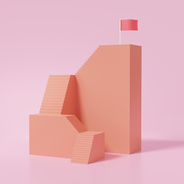 3D orange staircase strategy step by step growth of financial business red flag target successful concept minimal cartoon on pink background 3d render illustration