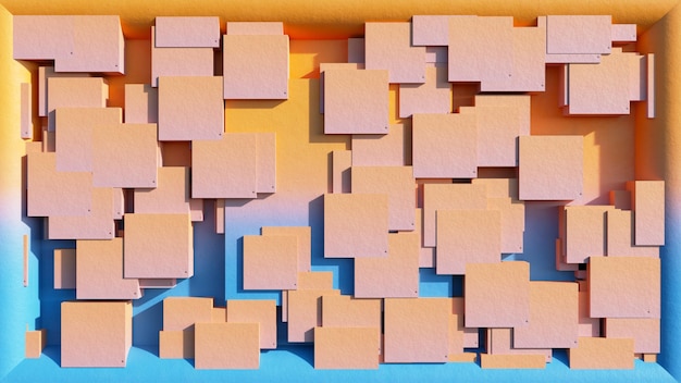 Photo 3d orangeblue wall texture volumetric squares or random bricks, natural light and shadows, abstract