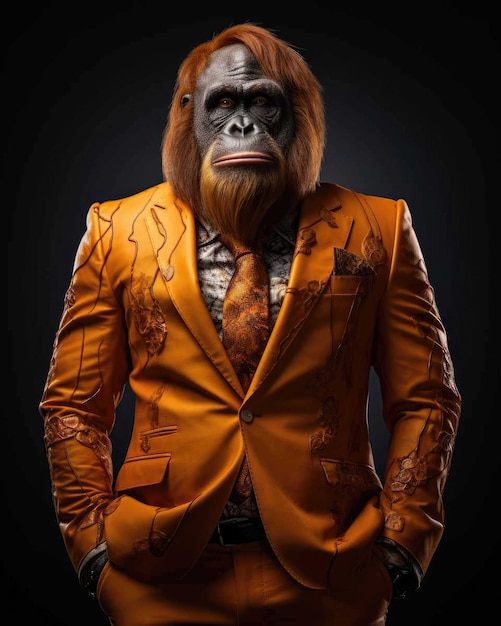 3D Orangutan with a human body looking serious wearing a suit with a dramatic studio background