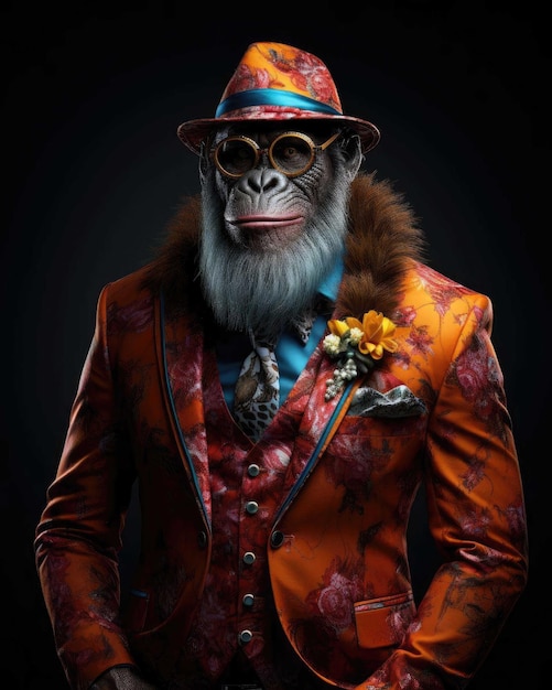 Photo 3d orangutan with a human body looking serious wearing a suit with a dramatic studio background