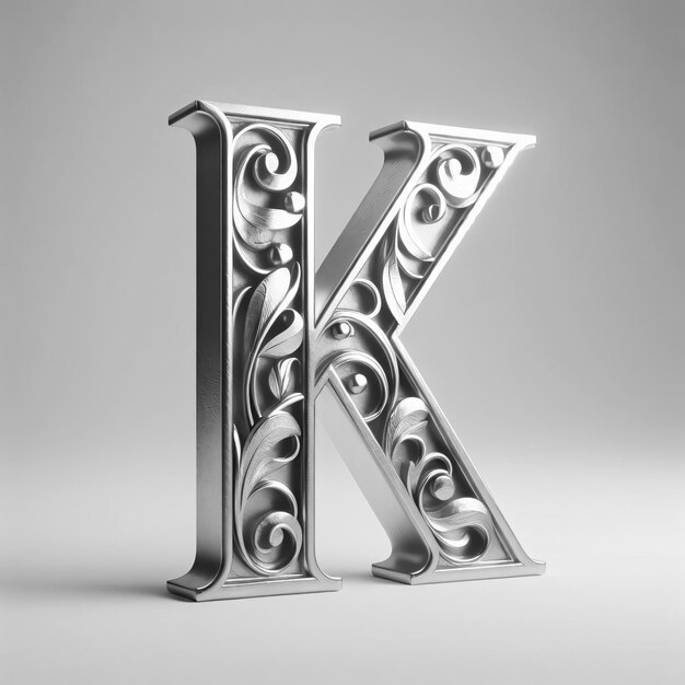 3d Ornament Crafted Alphabet K metallic lettering on White backdrop The silver Letter K logo design