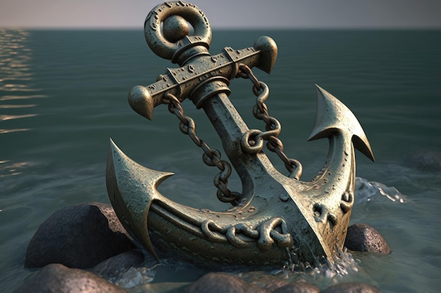 3D oude metalen anker vallen in het water