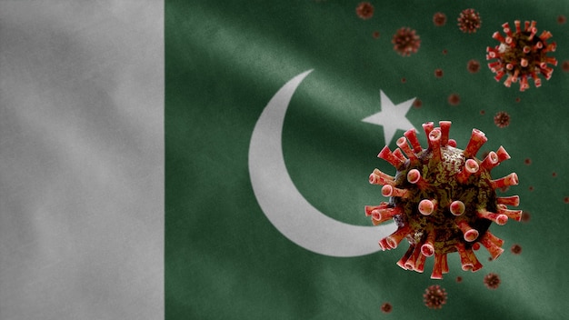 3D, Pakistaanse vlag wappert met uitbraak van coronavirus die het ademhalingssysteem infecteert als gevaarlijke griep. Influenza-type Covid 19-virus met nationaal Pakistaans sjabloon dat op de achtergrond blaast