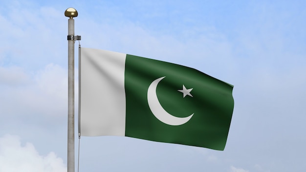 3d, pakistaanse vlag zwaaien op wind met blauwe lucht en wolken. pakistaanse banner waait zachte zijde. doek stof textuur vlag achtergrond. nationale dag en land gelegenheden concept.