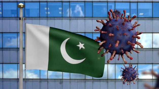 3D, Pakistani flag waving with modern skyscraper city and coronavirus outbreak as dangerous flu. Influenza type Covid 19 virus with national Pakistan banner blowing background.