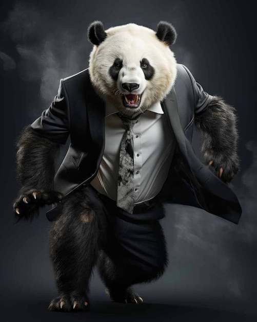 3D Panda in business suit with a human body looking serious with a dramatic studio background