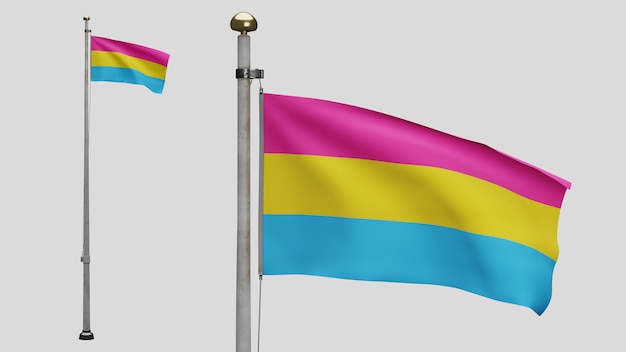 3D Pansexuality flag waving in the wind. Close up of Pansexual banner blowing, soft and smooth silk. Cloth fabric texture ensign background. Use it for pride gay day and events concept.