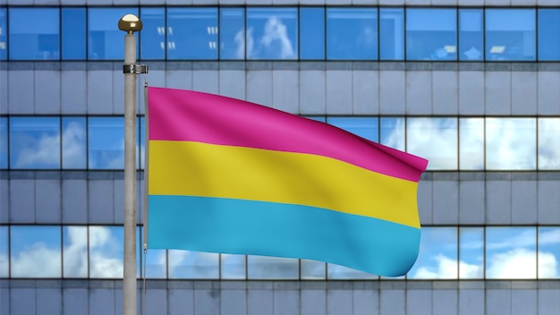 3D Pansexuality flag waving on wind at modern city. Close up of Pansexual banner blowing, soft and smooth silk. Cloth fabric texture ensign background. Use it for pride gay day and events concept.