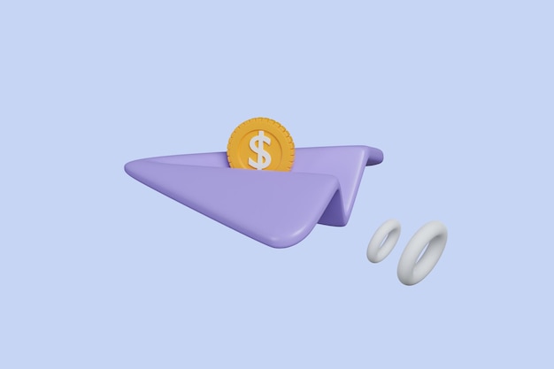 3d бумажный самолетик и монеты минимальный мультфильм милый гладкий творческое видение концепция лидерства Современный модный дизайн бизнес финансы инвестиции 3D значок визуализации иллюстрации
