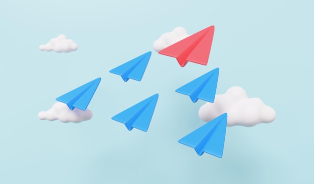 3D paper airplane leader red with clouds Minimal cartoon cute smooth creative vision leadership concept target growth Growing future startup innovation education 3d render illustration