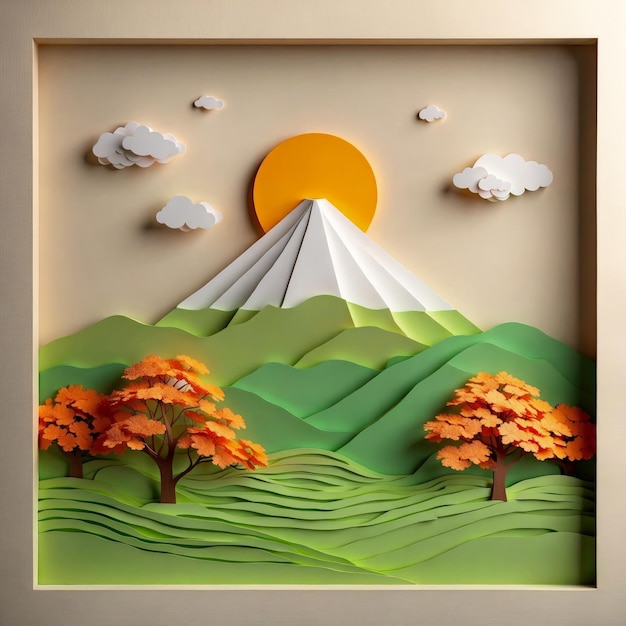 3D Paper art of nature scene Papercraft Fuji mountain landscape