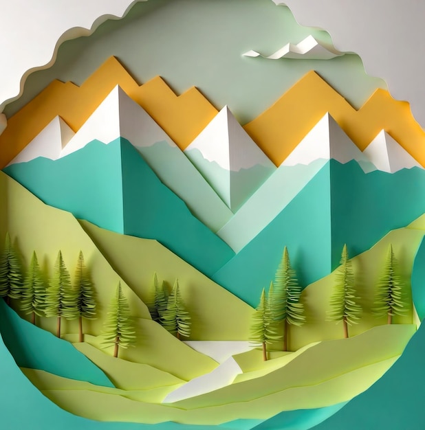 Foto arte di carta 3d della scena naturale paesaggio di montagna di papercraft