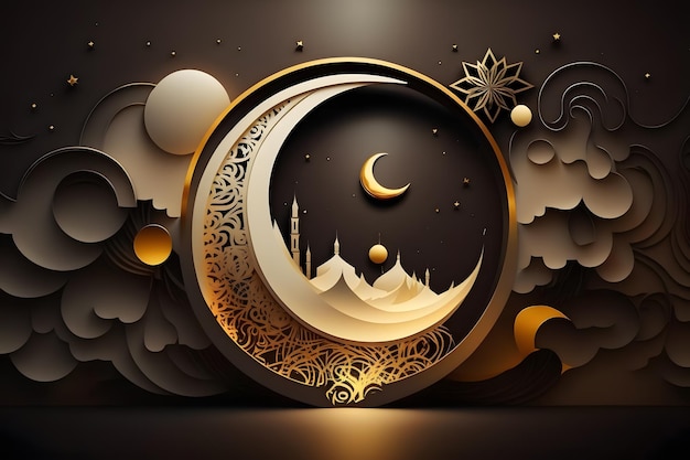 A 3d paper cut art of a mosque and a moon