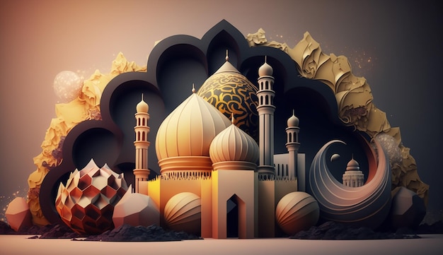 A 3d paper cut art of a mosque and a mosque.