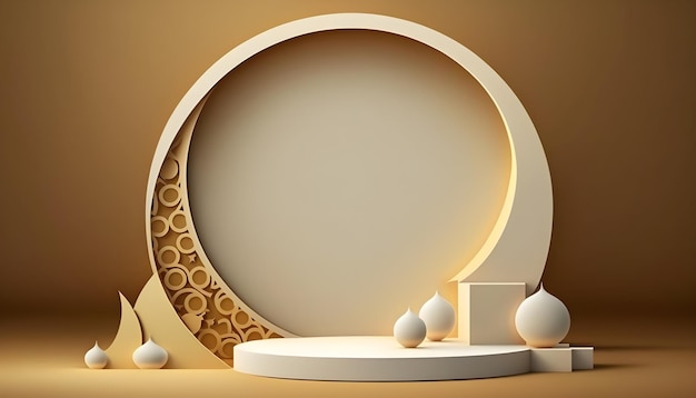 A 3d paper cut design with a round podium and a round object.