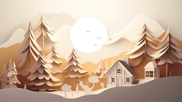 3d paper cut forest landscape mountain paper cut style natural landscape scene illustration