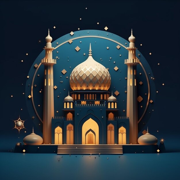 A 3d paper cut illustration of a mosque with a golden dome and stars