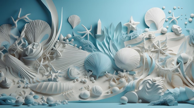 A 3d paper cut out of sea shells and seashells.