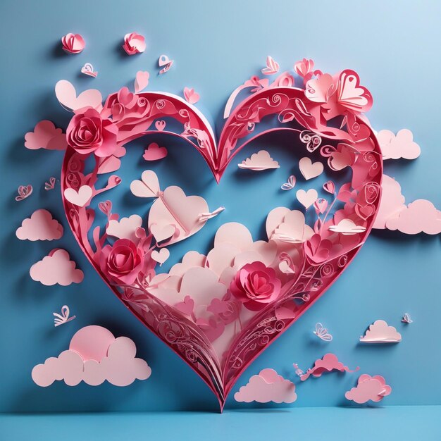 Foto cuore rosa tagliato in carta 3d sul cielo blu