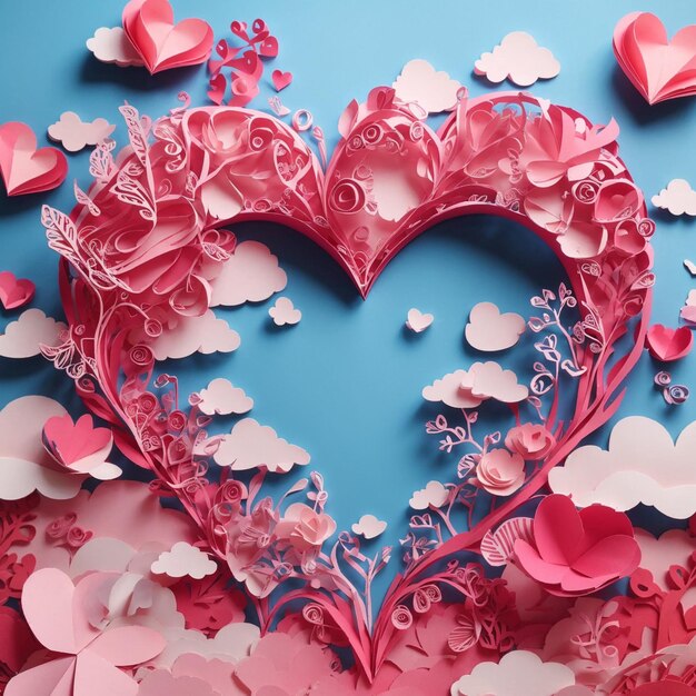 Foto cuore rosa tagliato in carta 3d sul cielo blu