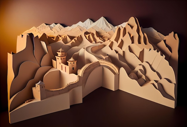 A 3d paper cut of a wall with a chinese landscape in the background.