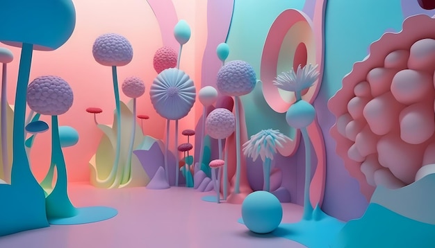 Бумажная 3D-модель леса с голубым и розовым фоном.