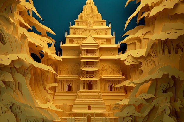 A 3d paper model of a temple made by the artist