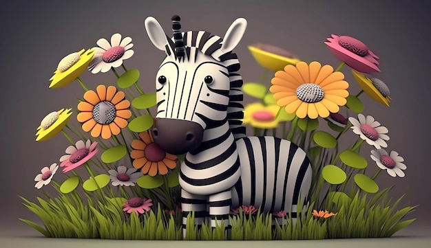 Foto un modello di carta 3d di una zebra con fiori sullo sfondo.