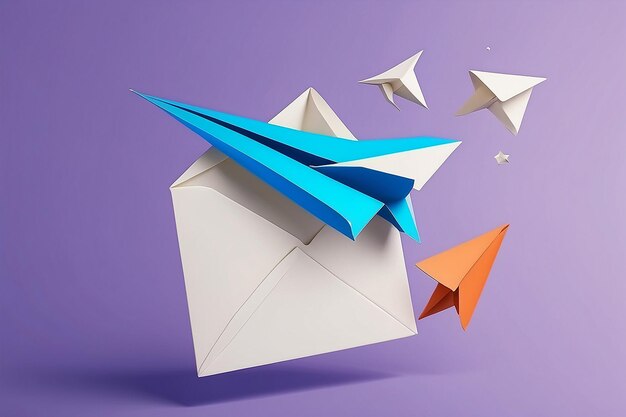 3d paper plane and mail icon with notification of new message