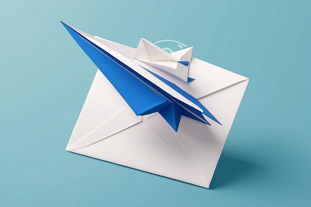 3D бумажная плоскость и икона почты с уведомлением о новом сообщении