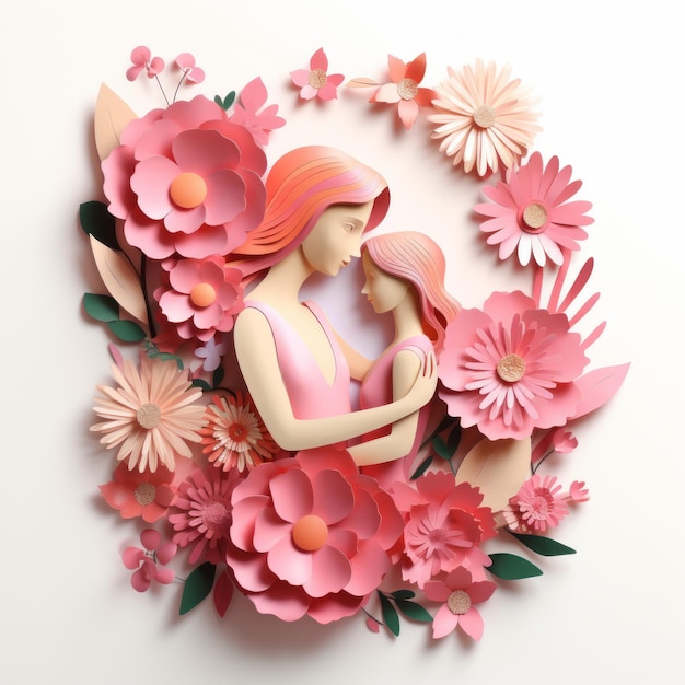 Foto scultura in carta 3d di madre e figlia circondate da fiori