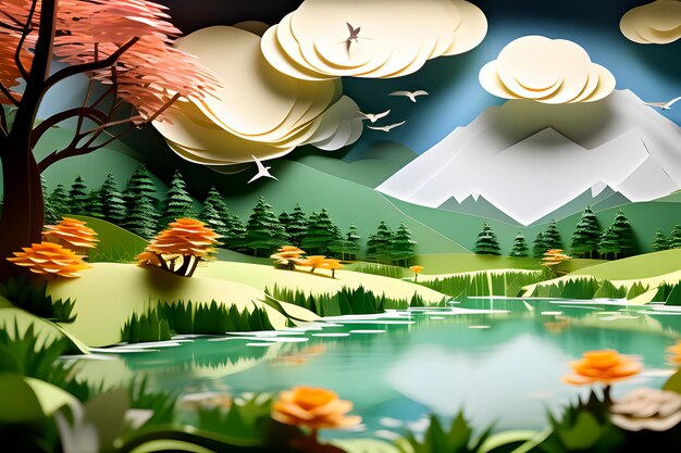 Фото 3d бумажная резка искусства природной сцены бумажный ремесло снежная гора река лес небоскреб ландшафтный фон