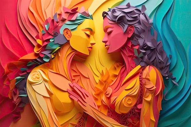 3d Papercut colorful LGBTQ Couple illustration for LGBTQ Pride Day