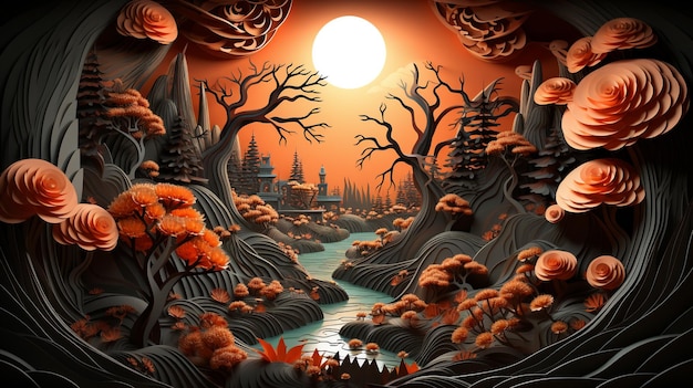 3D Papercut craft of Halloween concept minimal scene background Generative AI