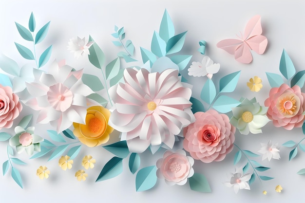 3D-papier gesneden voorjaarsbloemen in pastelkleuren versieren een witte achtergrond