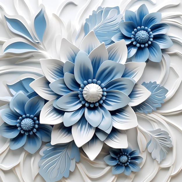 3d papier kunst patroon bloemen blauw en wit