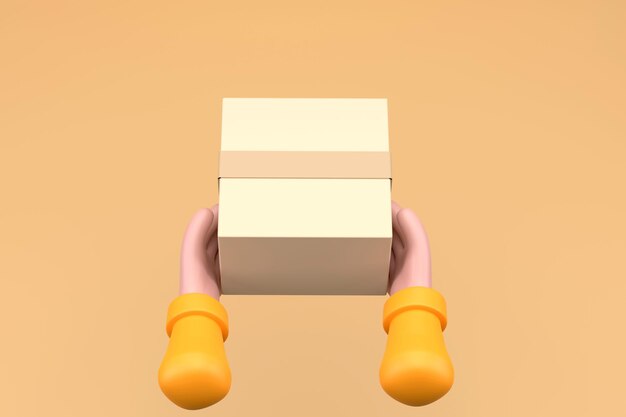 Foto 3d una scatola di cartone per pacchi nelle mani di un fattorino concetto di servizio di consegnaxa