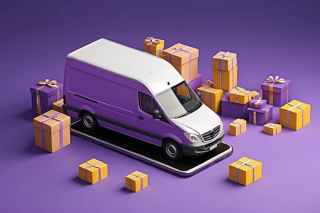 Фото 3d доставка пакетов фургон картонные коробки мобильный телефон концепция службы быстрой доставки с использованием приложения на смартфоне иллюстрация изолирована на фиолетовом фоне 3d рендеринг