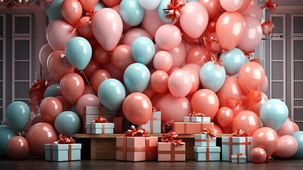 3D Party Stage achtergrond met ballonnen en geschenken
