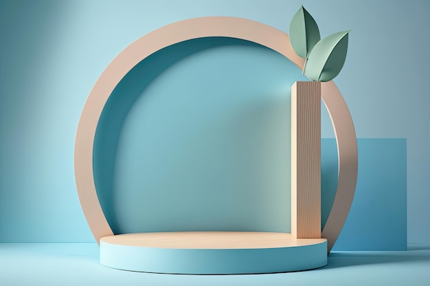 3D Pastel Blue Podium Display nature wooden stand Background for products Generative ai