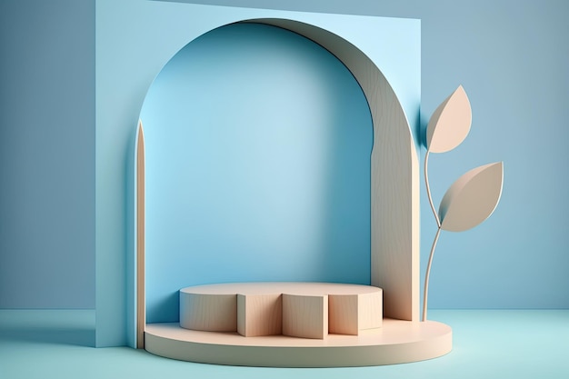 3D Pastel Blue Podium Display nature wooden stand Background for products Generative ai