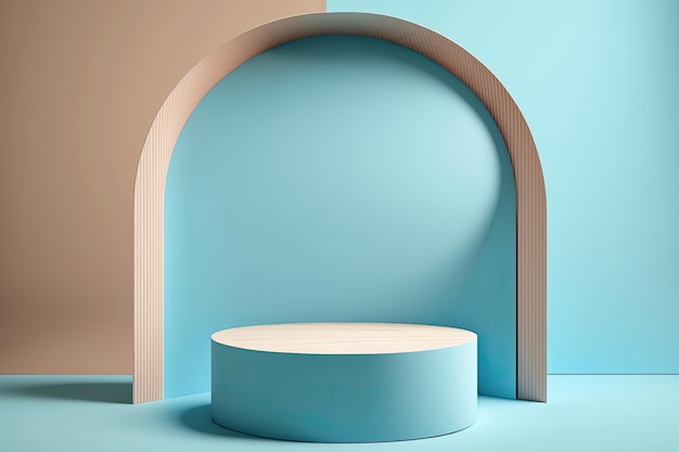 3D Pastel Blue Podium Display nature wooden stand Background for products Generative ai