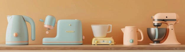 Photo 3d pastel electric kettle toaster and mixer set