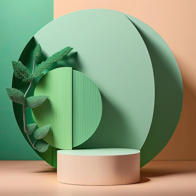 3D Pastel Green Podium Display nature wooden stand Background for products Generative ai