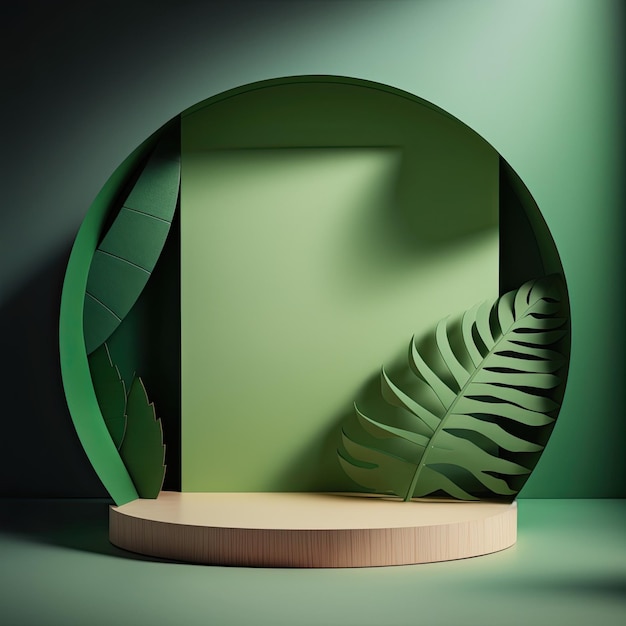 3D Pastel Groen Podium Display natuur houten standaard Achtergrond voor producten Generatieve ai