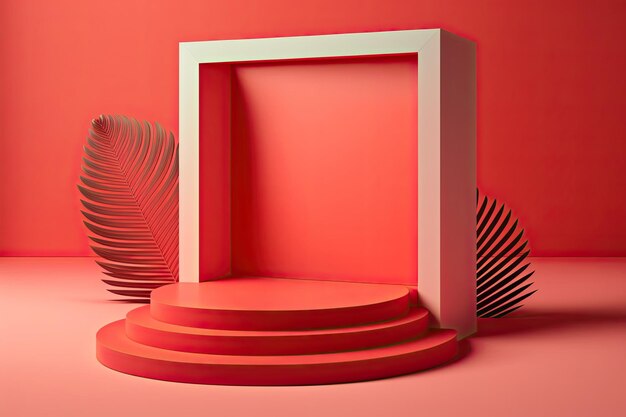 3d pastel red podium display nature wooden stand background for products generative ai