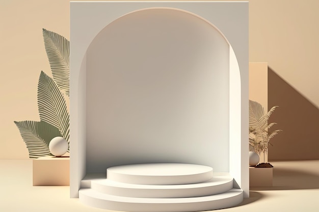 3D Pastel White Podium Display nature wooden stand Background for products Generative ai