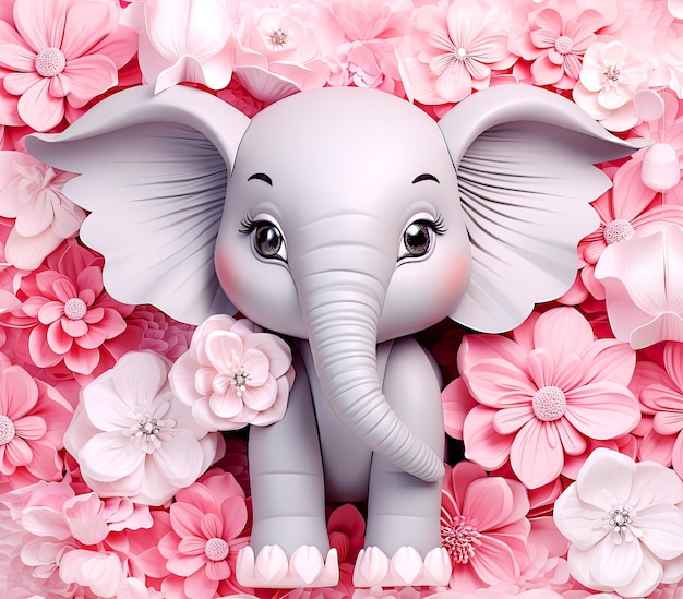 3D pastelroze babyolifant met bloemenachtergrond