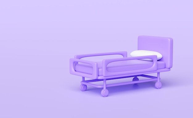 3d patiënt bed leeg geïsoleerd op paarse achtergrond 3d render illustratie